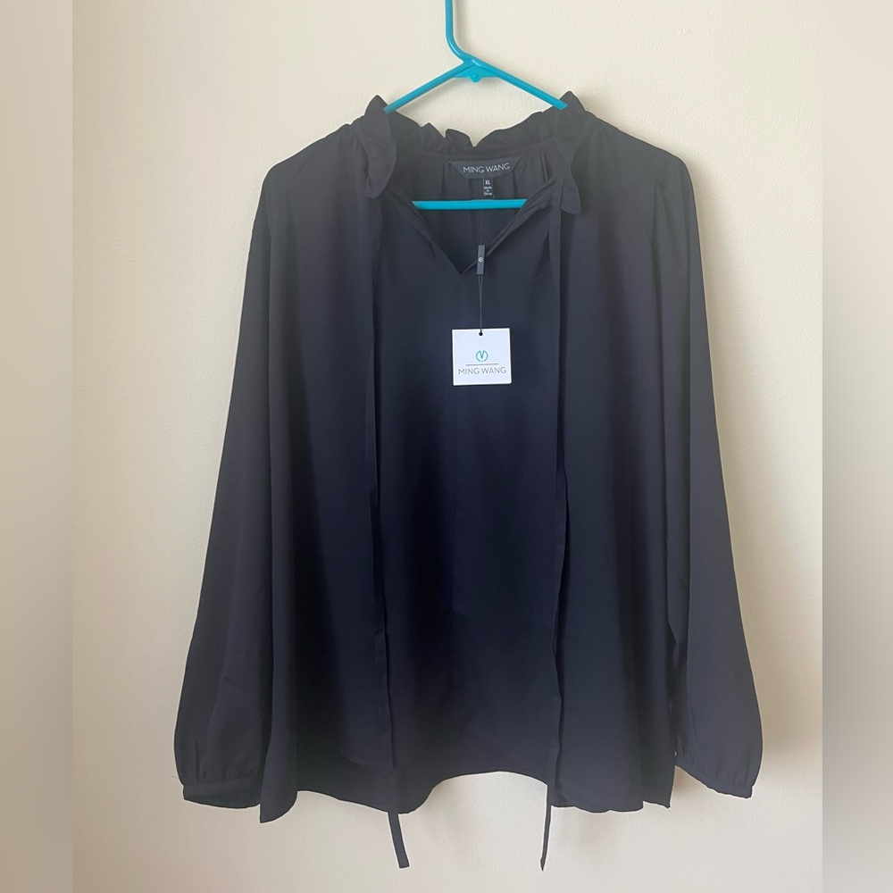 Ming Wang long sleeve ruffle tie crepe black blouse XL
